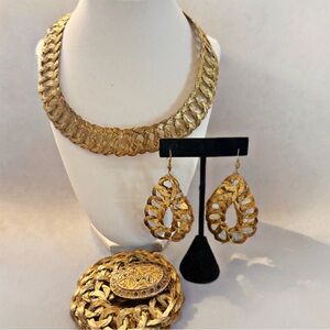 Vintage 1970s Gold Tone Statement Set Necklace Earrings Belt 35” Braided Boho